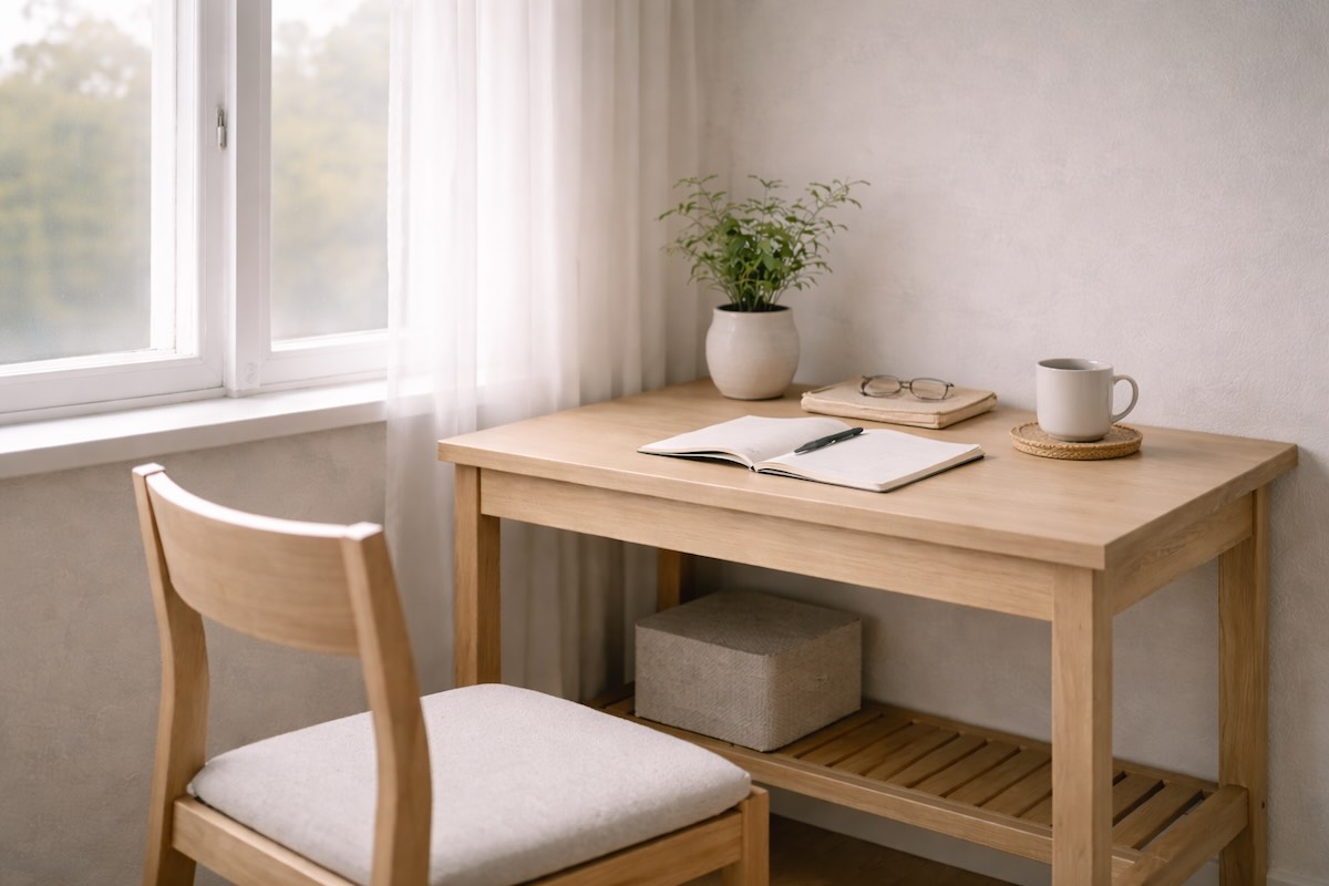 自宅のデスクでノートを前に考え事をする空間。化粧水が必要か迷う40代男性のイメージ