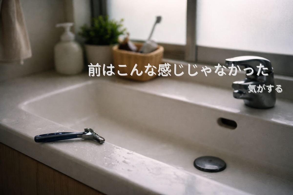 髭剃り後のヒリヒリを感じやすい朝の洗面所とカミソリの様子